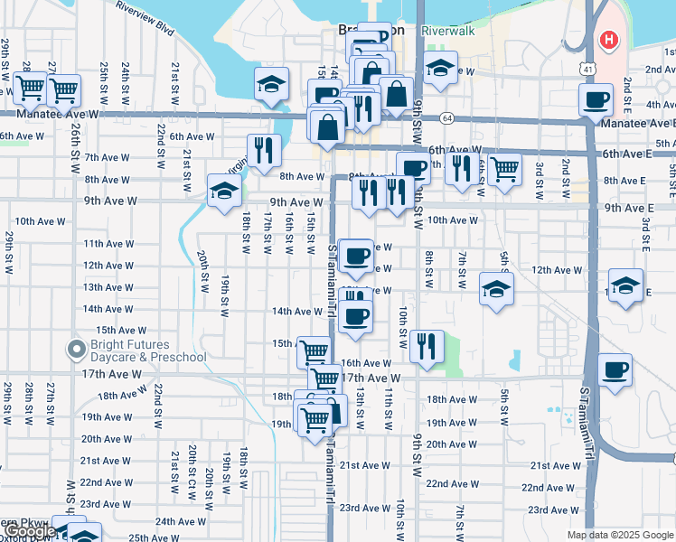 map of restaurants, bars, coffee shops, grocery stores, and more near 1317 12th Avenue West in Bradenton