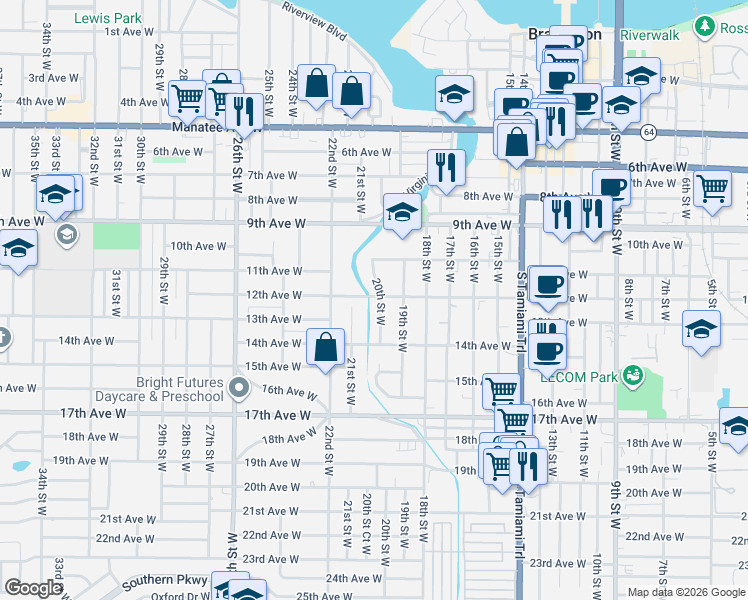 map of restaurants, bars, coffee shops, grocery stores, and more near 1919 12th Avenue West in Bradenton