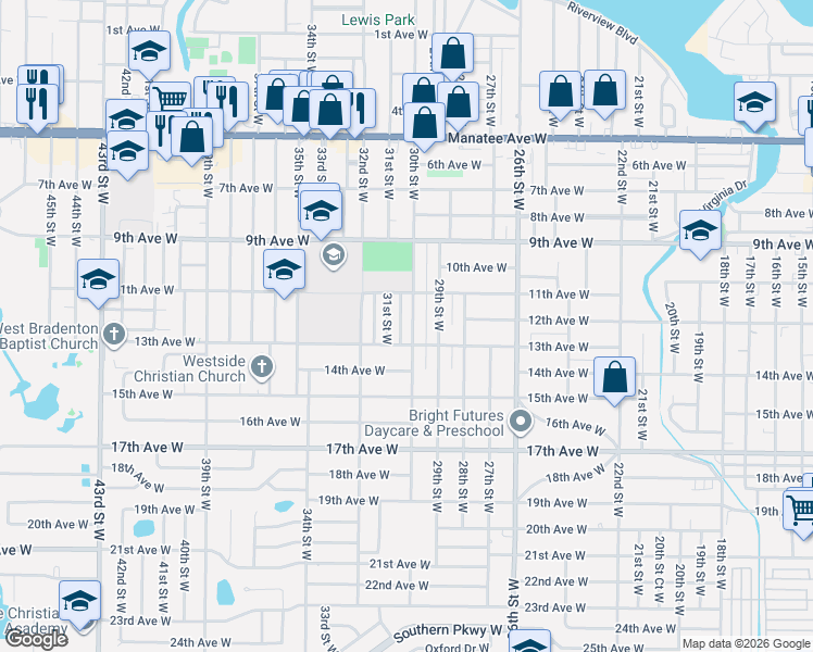 map of restaurants, bars, coffee shops, grocery stores, and more near 1209 30th Street West in Bradenton
