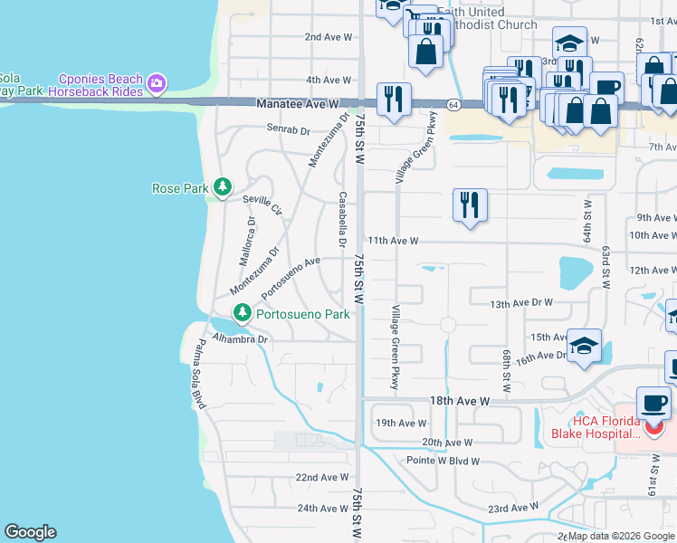 map of restaurants, bars, coffee shops, grocery stores, and more near 1205 Estremadura Drive in Bradenton