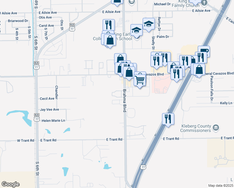 map of restaurants, bars, coffee shops, grocery stores, and more near 2801 Brahma Boulevard in Kingsville