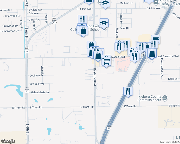map of restaurants, bars, coffee shops, grocery stores, and more near 2801 Brahma Boulevard in Kingsville