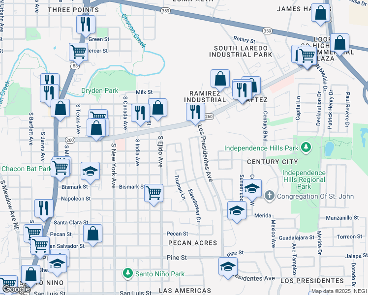 map of restaurants, bars, coffee shops, grocery stores, and more near 1107 Eisenhower Drive in Laredo
