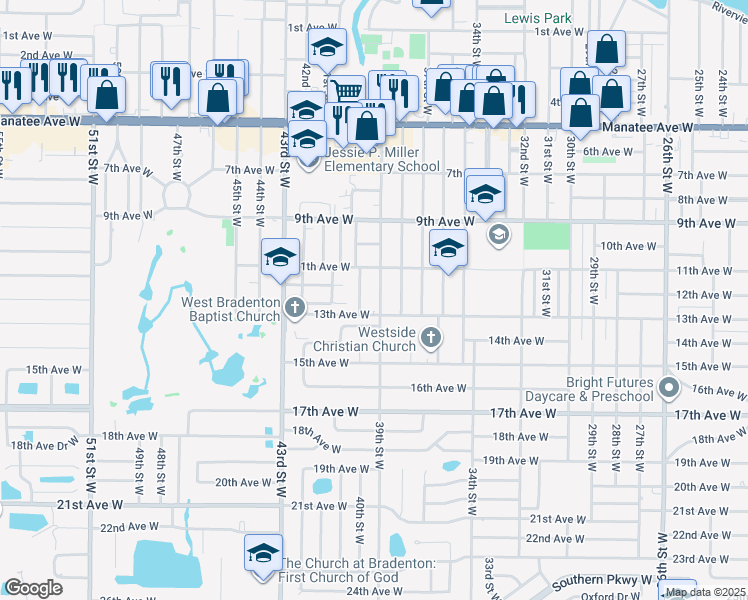 map of restaurants, bars, coffee shops, grocery stores, and more near 1205 40th Street West in Bradenton