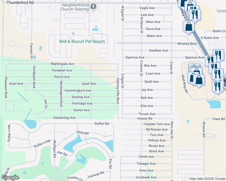 map of restaurants, bars, coffee shops, grocery stores, and more near Hummingbird Avenue in Sebring