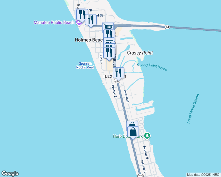 map of restaurants, bars, coffee shops, grocery stores, and more near 3002 Avenue F in Holmes Beach