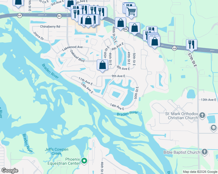 map of restaurants, bars, coffee shops, grocery stores, and more near 4866 11th Avenue Circle East in Bradenton