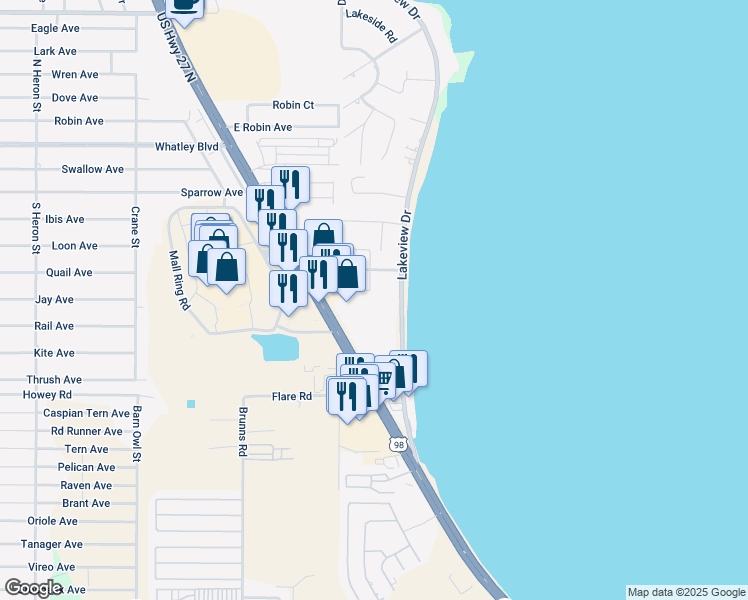 map of restaurants, bars, coffee shops, grocery stores, and more near 1448 Clearview Court in Sebring