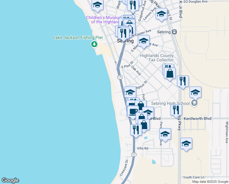 map of restaurants, bars, coffee shops, grocery stores, and more near 313 South Eucalyptus Street in Sebring
