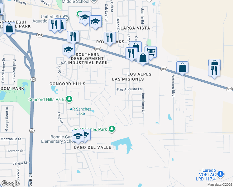 map of restaurants, bars, coffee shops, grocery stores, and more near 6002 Narciso Drive in Laredo