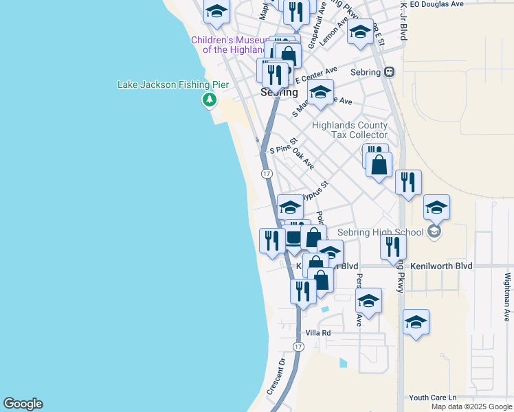 map of restaurants, bars, coffee shops, grocery stores, and more near 313 South Eucalyptus Street in Sebring