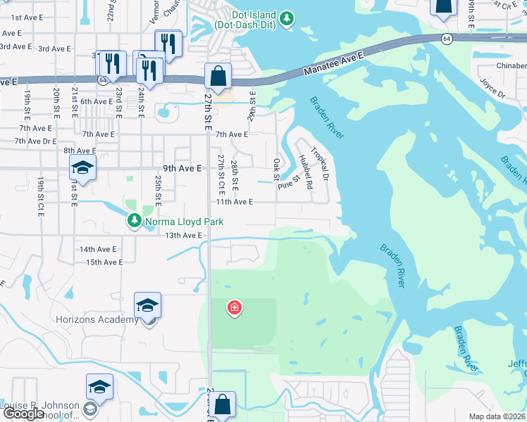 map of restaurants, bars, coffee shops, grocery stores, and more near 2906 11th Avenue East in Bradenton