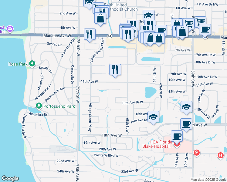 map of restaurants, bars, coffee shops, grocery stores, and more near 7003 Playa Bella Drive in Bradenton