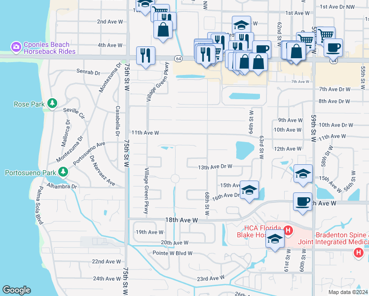 map of restaurants, bars, coffee shops, grocery stores, and more near 7003 Playa Bella Drive in Bradenton