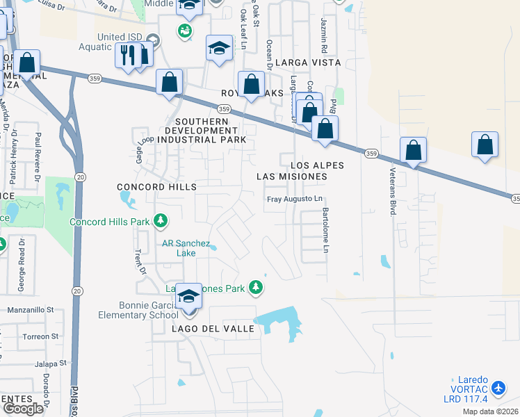 map of restaurants, bars, coffee shops, grocery stores, and more near 6002 Narciso Drive in Laredo