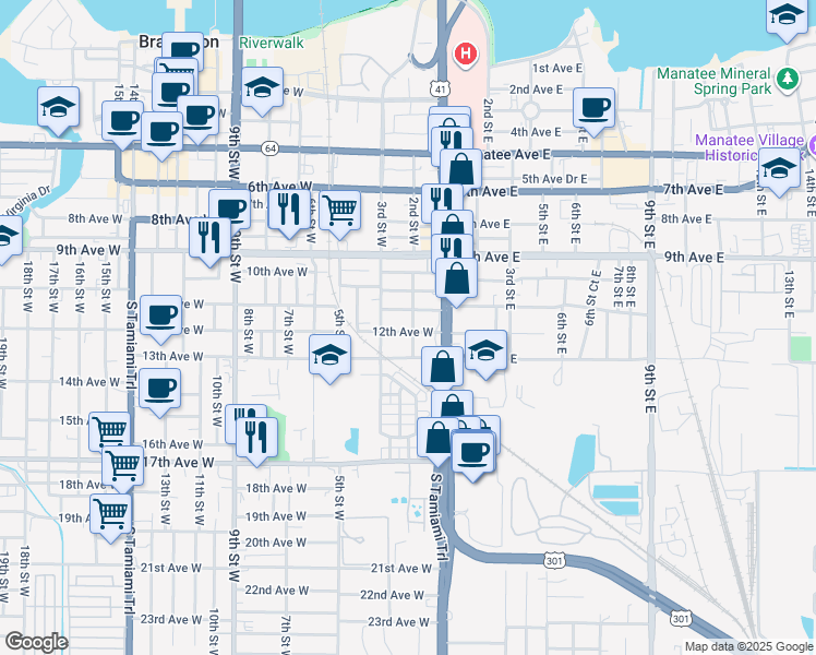 map of restaurants, bars, coffee shops, grocery stores, and more near 1120 2nd Street East in Bradenton