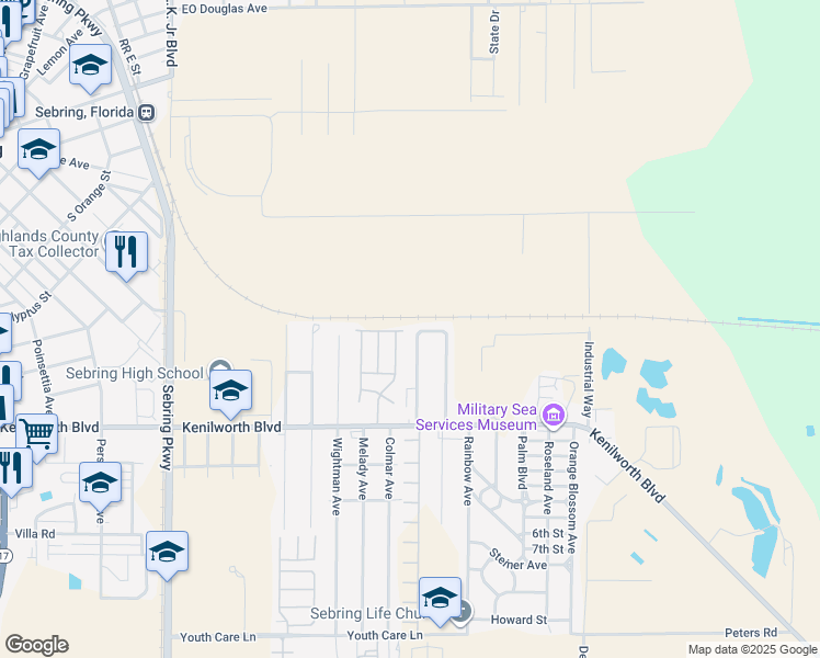 map of restaurants, bars, coffee shops, grocery stores, and more near Emerald Avenue in Sebring