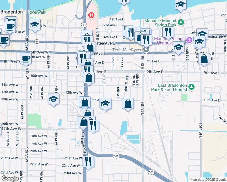 map of restaurants, bars, coffee shops, grocery stores, and more near 1118 6th Street East in Bradenton