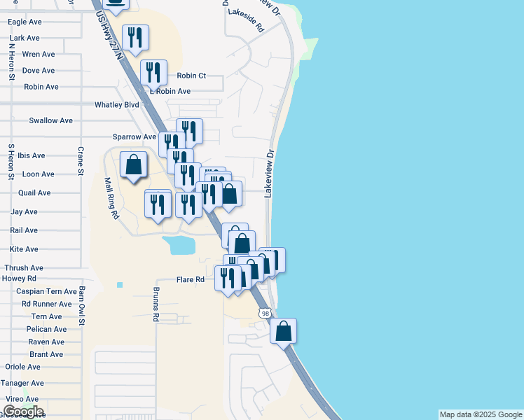 map of restaurants, bars, coffee shops, grocery stores, and more near 1448 Clearview Court in Sebring