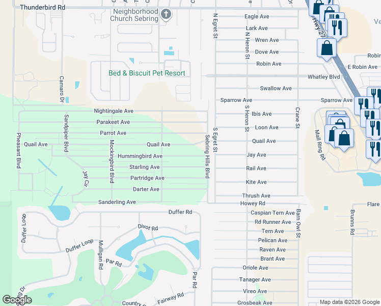 map of restaurants, bars, coffee shops, grocery stores, and more near Hummingbird Ave in Sebring