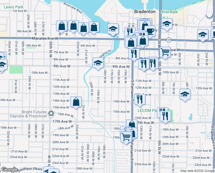 map of restaurants, bars, coffee shops, grocery stores, and more near 1204 18th Street West in Bradenton