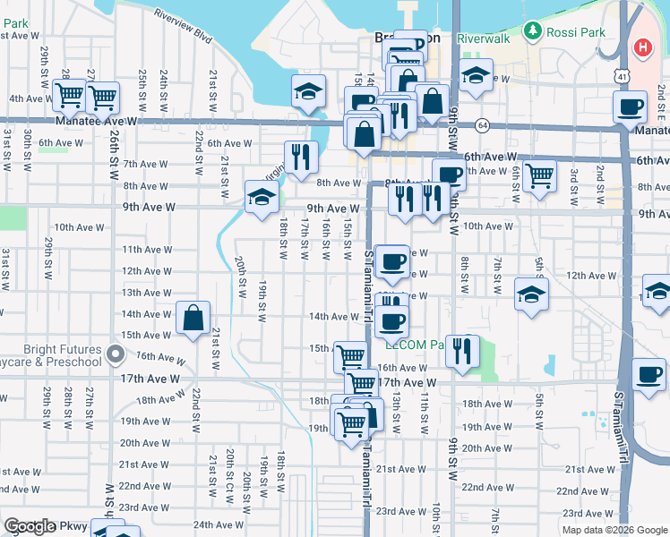 map of restaurants, bars, coffee shops, grocery stores, and more near 1514 12th Avenue West in Bradenton