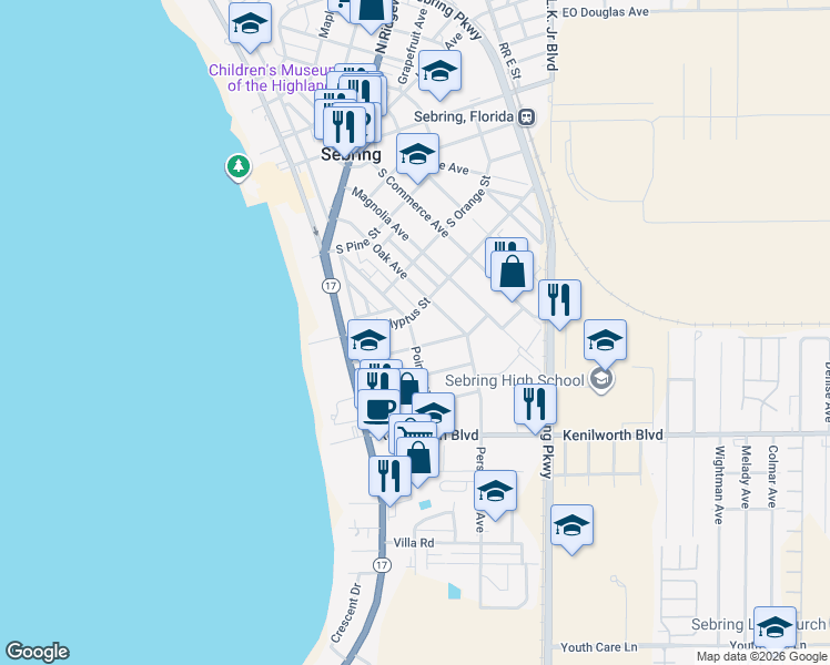 map of restaurants, bars, coffee shops, grocery stores, and more near 764 Hickory Street in Sebring