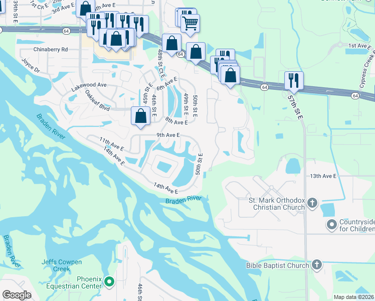 map of restaurants, bars, coffee shops, grocery stores, and more near 922 48th Street Drive East in Bradenton