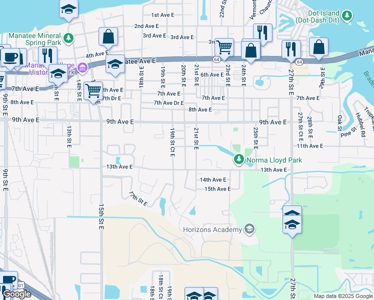 map of restaurants, bars, coffee shops, grocery stores, and more near 1108 21st Street East in Bradenton