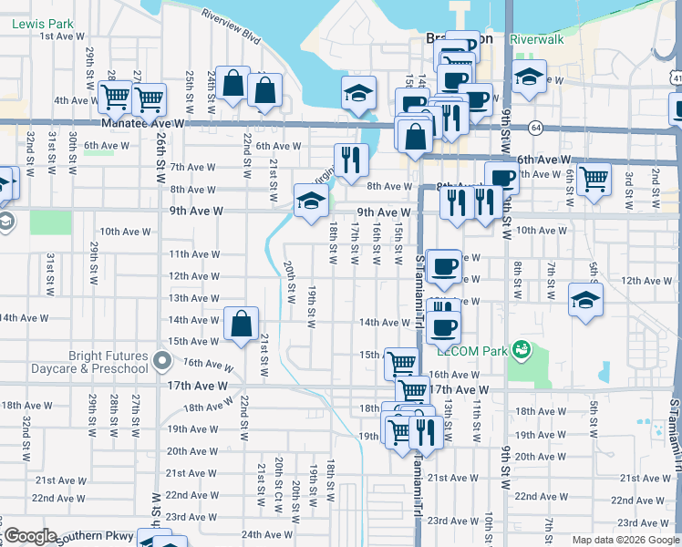 map of restaurants, bars, coffee shops, grocery stores, and more near 1204 18th Street West in Bradenton