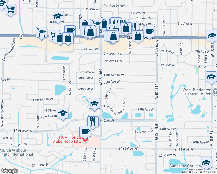 map of restaurants, bars, coffee shops, grocery stores, and more near 1238 58th Street West in Bradenton
