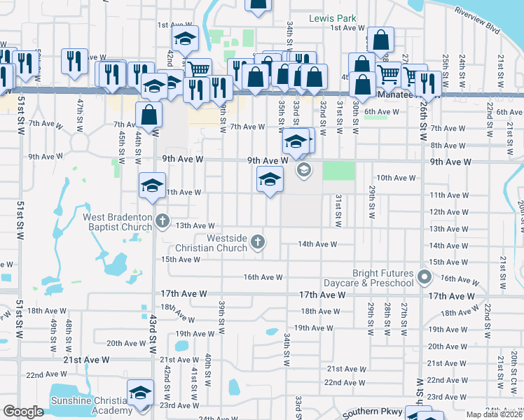 map of restaurants, bars, coffee shops, grocery stores, and more near 1216 36th Street West in Bradenton