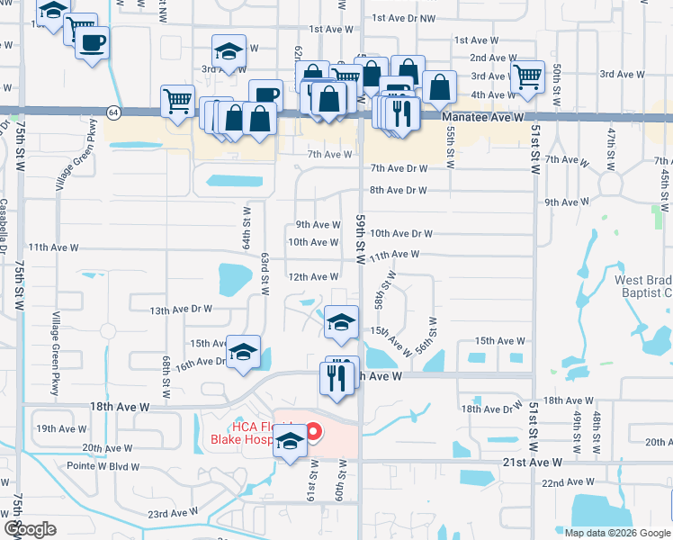 map of restaurants, bars, coffee shops, grocery stores, and more near 6005 12th Avenue West in Bradenton
