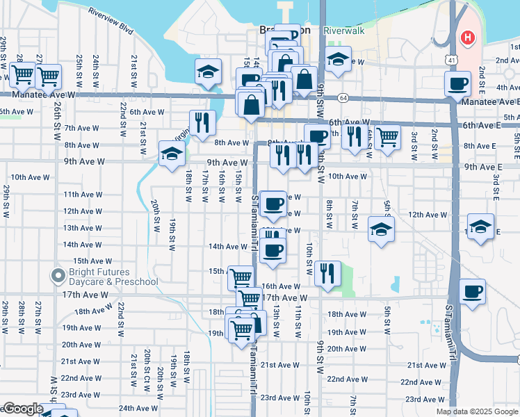 map of restaurants, bars, coffee shops, grocery stores, and more near 1317 12th Avenue West in Bradenton