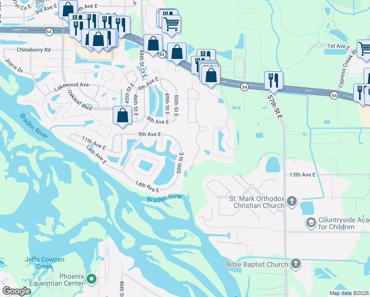 map of restaurants, bars, coffee shops, grocery stores, and more near 1002 50th Street East in Bradenton