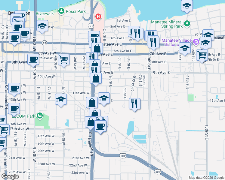 map of restaurants, bars, coffee shops, grocery stores, and more near 1119 3rd Street East in Bradenton