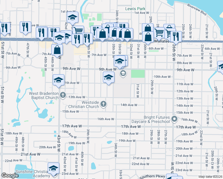 map of restaurants, bars, coffee shops, grocery stores, and more near 1206 35th Street West in Bradenton