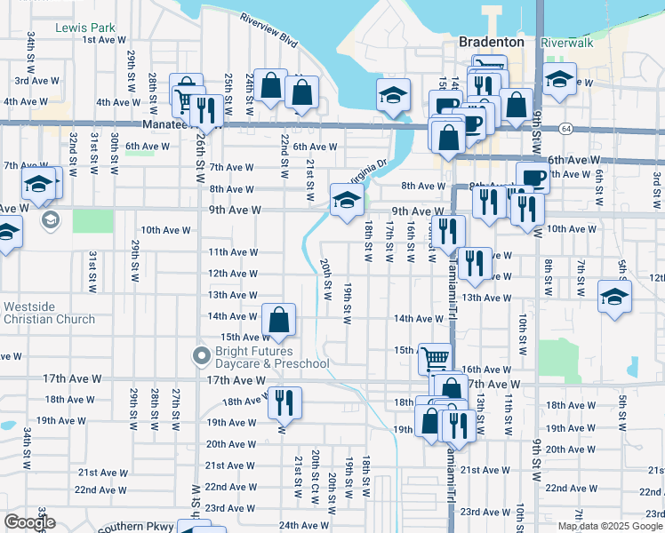 map of restaurants, bars, coffee shops, grocery stores, and more near 1919 12th Avenue West in Bradenton