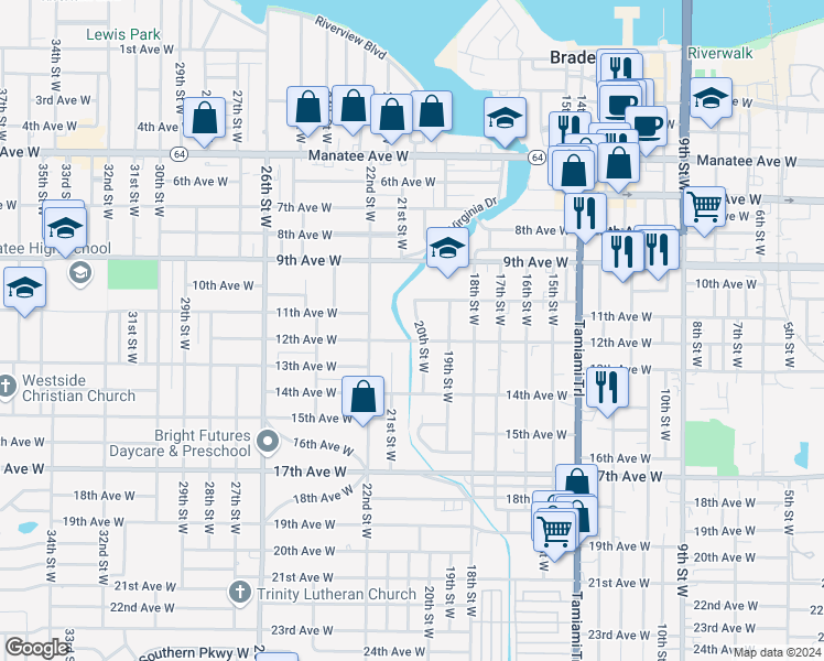 map of restaurants, bars, coffee shops, grocery stores, and more near 2103 12th Avenue West in Bradenton