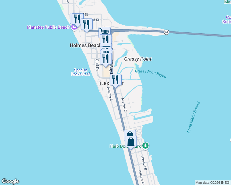 map of restaurants, bars, coffee shops, grocery stores, and more near 2918 Gulf Drive in Holmes Beach