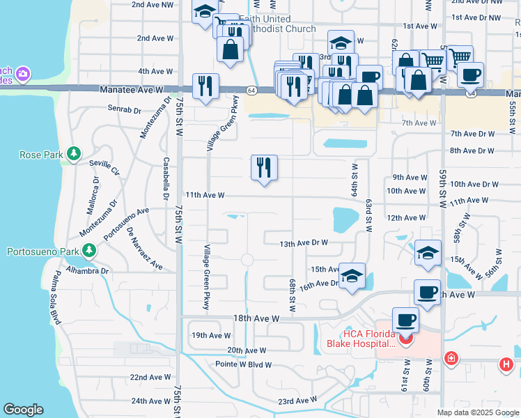 map of restaurants, bars, coffee shops, grocery stores, and more near 7004 Playa Bella Drive in Bradenton