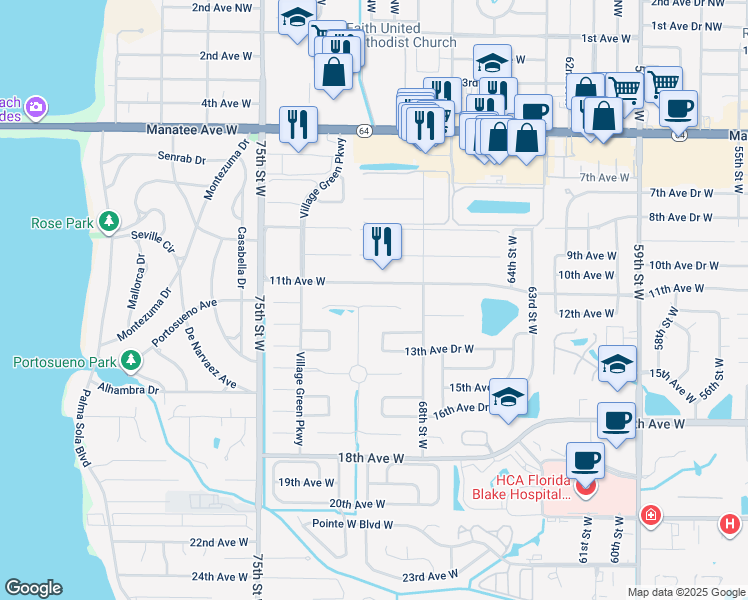 map of restaurants, bars, coffee shops, grocery stores, and more near 7006 Playa Bella Drive in Bradenton
