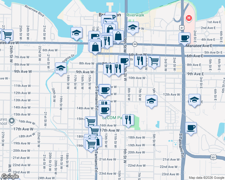 map of restaurants, bars, coffee shops, grocery stores, and more near 1113 12th Street West in Bradenton