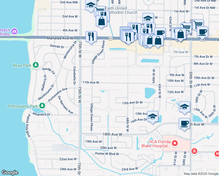 map of restaurants, bars, coffee shops, grocery stores, and more near 7016 Playa Bella Drive in Bradenton