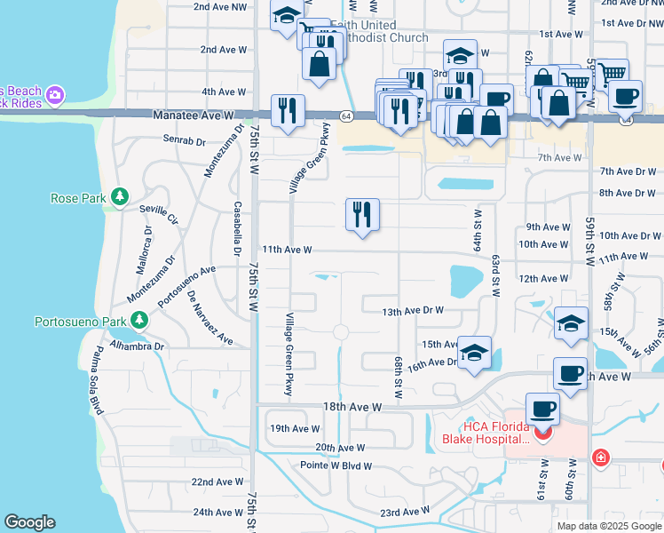 map of restaurants, bars, coffee shops, grocery stores, and more near 7204 13th Avenue West in Bradenton