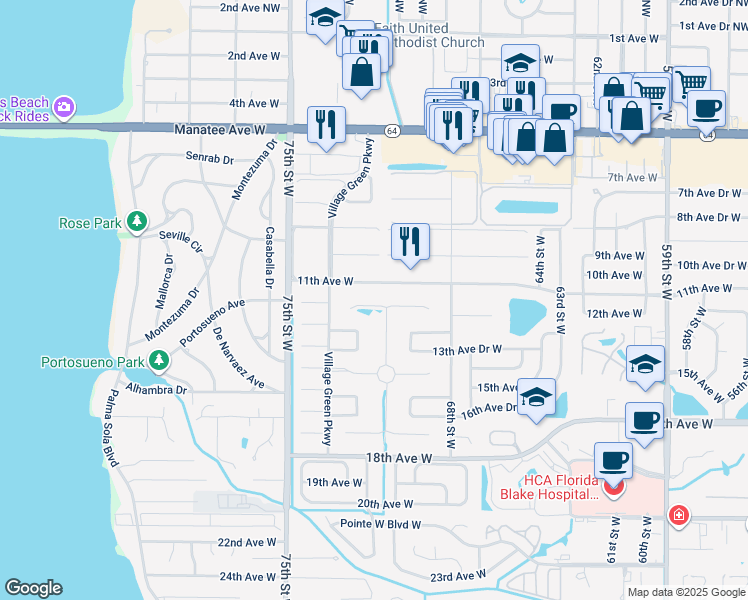 map of restaurants, bars, coffee shops, grocery stores, and more near 7104 Playa Bella Drive in Bradenton