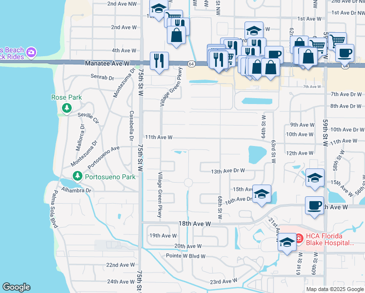 map of restaurants, bars, coffee shops, grocery stores, and more near 7104 Playa Bella Drive in Bradenton