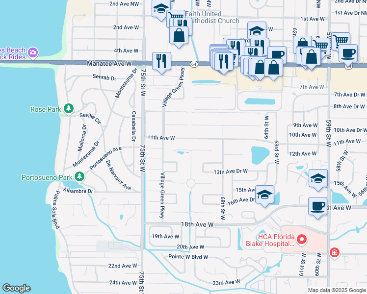 map of restaurants, bars, coffee shops, grocery stores, and more near 7106 Playa Bella Drive in Bradenton