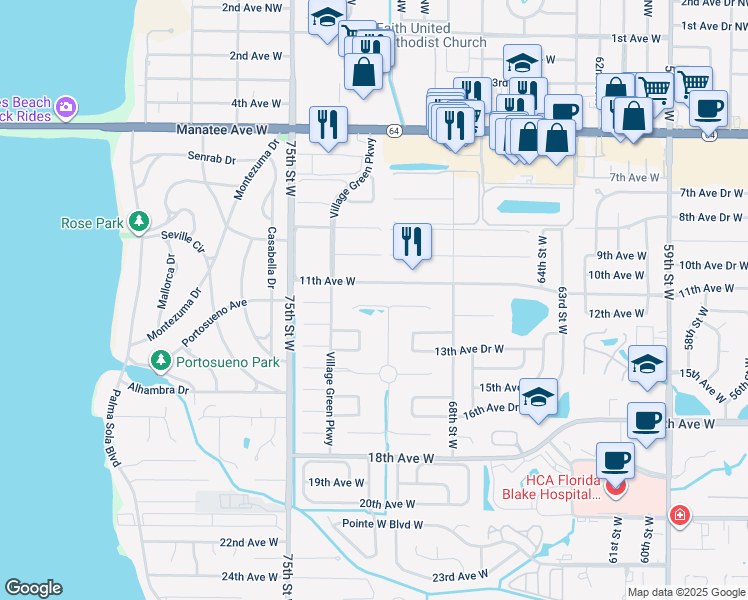 map of restaurants, bars, coffee shops, grocery stores, and more near 7106 Playa Bella Drive in Bradenton