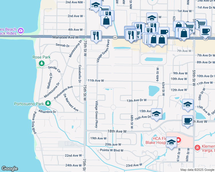 map of restaurants, bars, coffee shops, grocery stores, and more near 7110 Playa Bella Drive in Bradenton